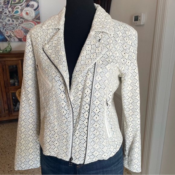 DOLAN Anthropologie Ivory Blue Eyelet Ross MOTO Cotton Jacket! Excellent. Medium - Picture 3 of 15